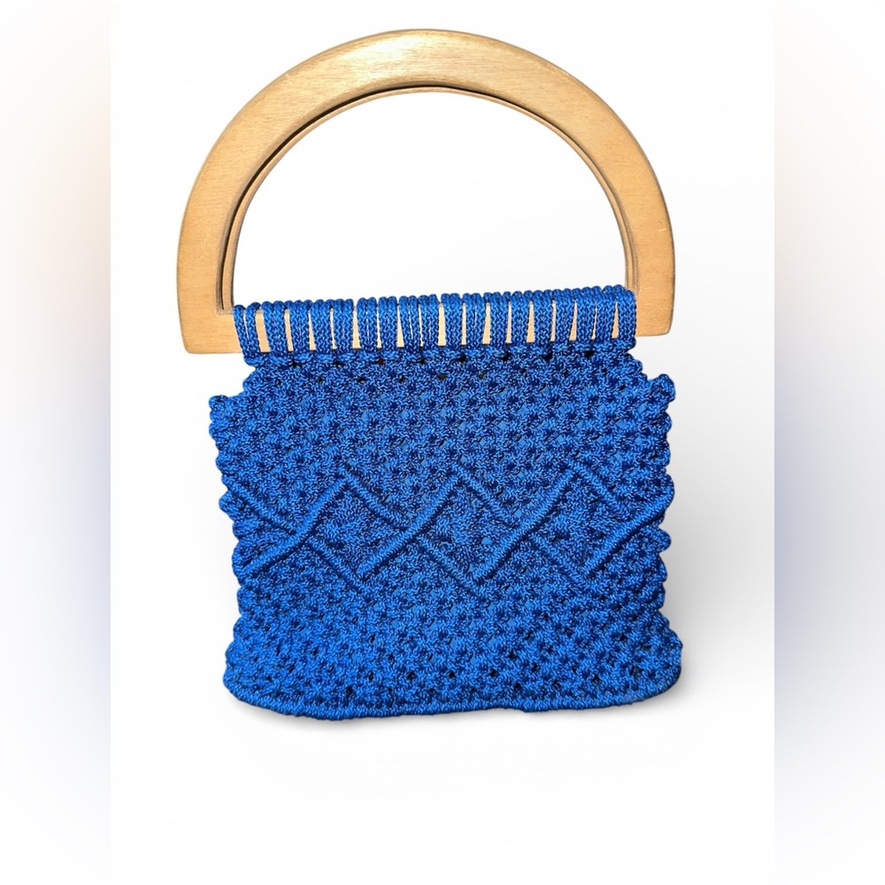 Handmade‎ Blue Macrame Handbag with Lining and Wooden Handle Boho